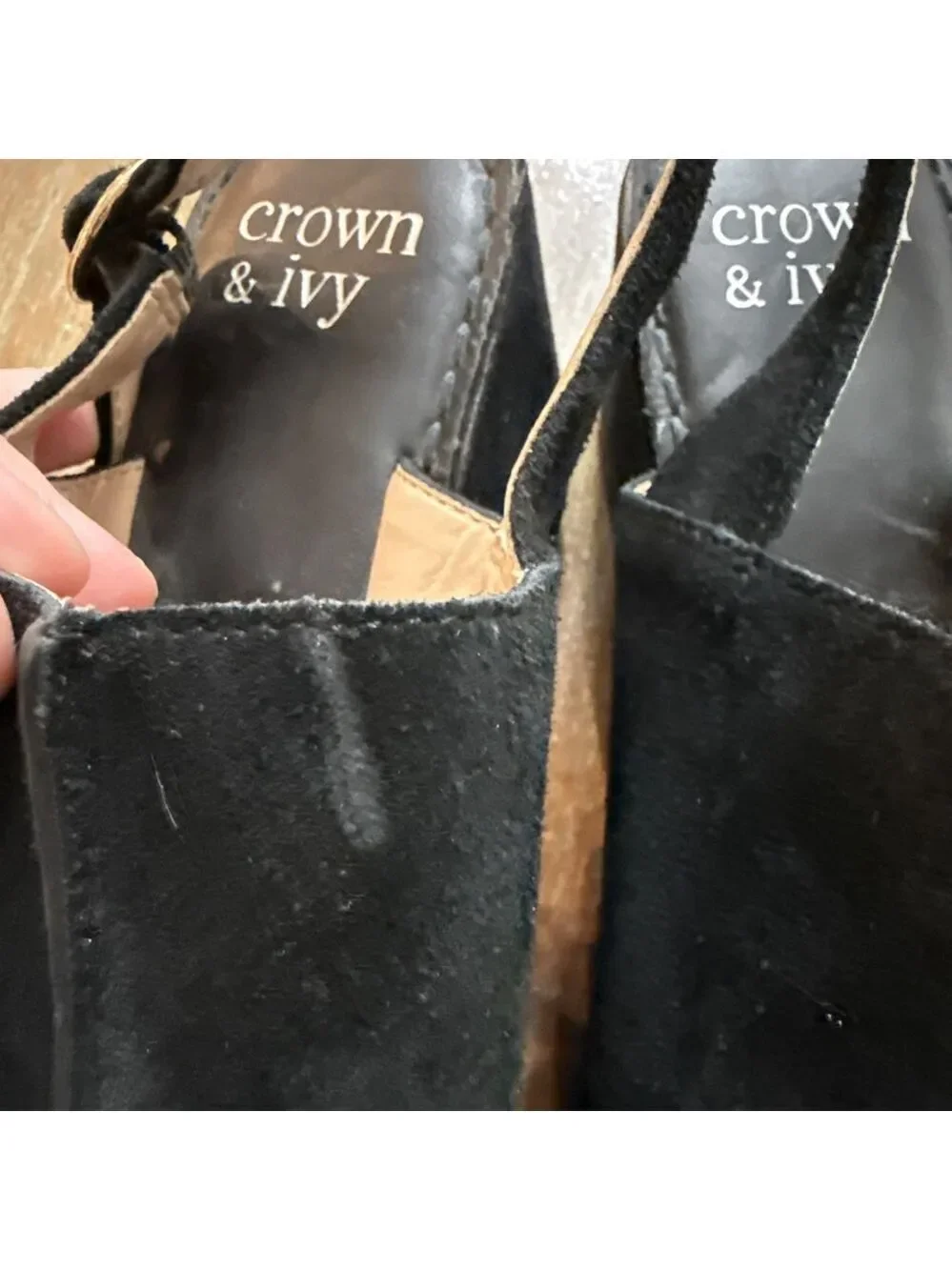 Crown & Ivy Black Suede Peep Toe Wedge Sandals Size 6